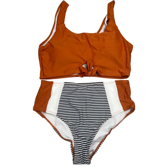 Shein Two Piece Bikini Set Orange Striped Bottoms Size Large L - EUC - Picture 1 of 5